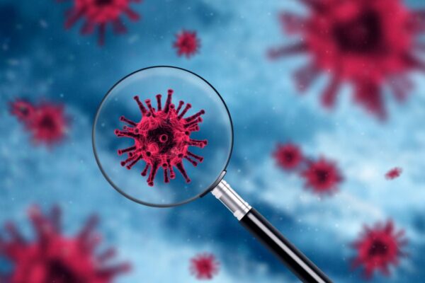 Magnifying glass showing red virus bacteria, 3d microscopic microorganism background, modern biotechnology concept